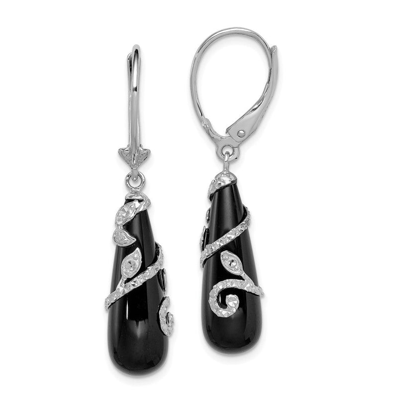 Sterlingsilber Rhodiniert Poliert & Diamantiert Ranke Wrapped Onyx Tropfen Hängend Ohrhänger mit Brisur