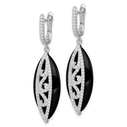 Sterlingsilber Rhodiniert Zirkonia und Onyx Klappbar Creolen