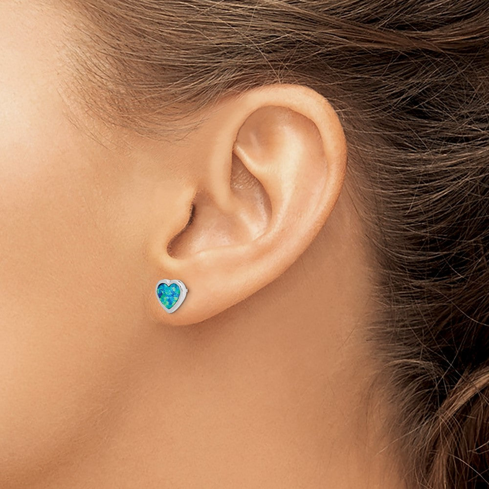 Sterlingsilber Rhodiniert 9mm Blau Erzeugt Opal Herz Ohrstecker