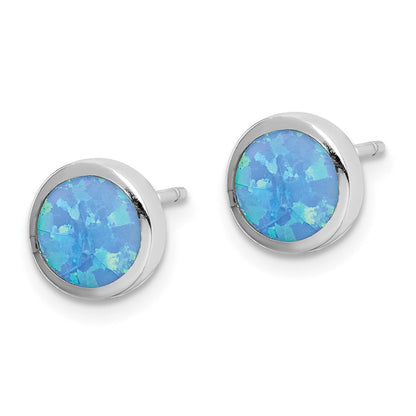 Sterlingsilber Rhodiniert Poliert Blau Erzeugt Opal Rund Ohrstecker
