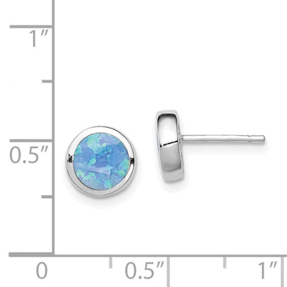 Sterlingsilber Rhodiniert Poliert Blau Erzeugt Opal Rund Ohrstecker