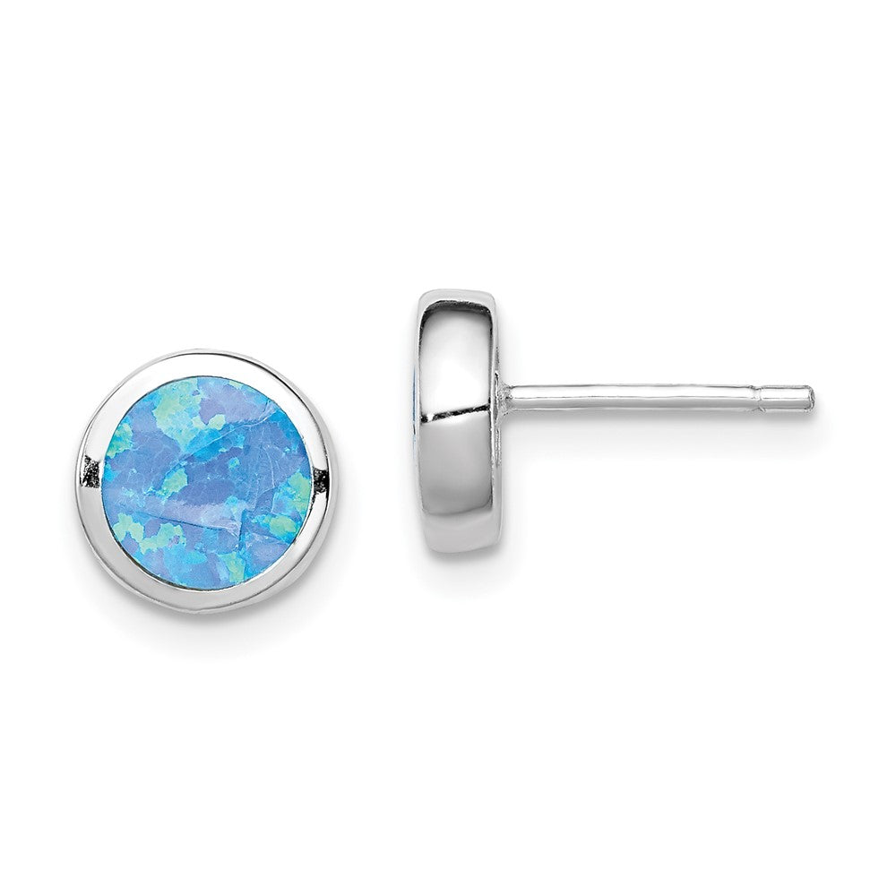 Sterlingsilber Rhodiniert Poliert Blau Erzeugt Opal Rund Ohrstecker