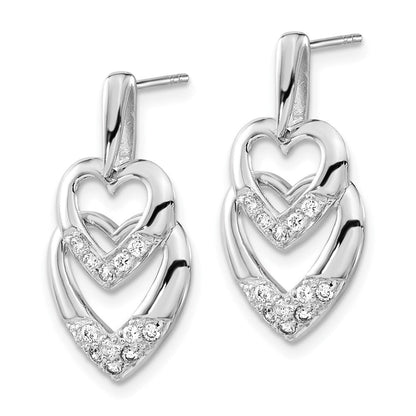 Sterlingsilber Poliert Zirkonia Doppelt Herz Stecker Ohrhänger