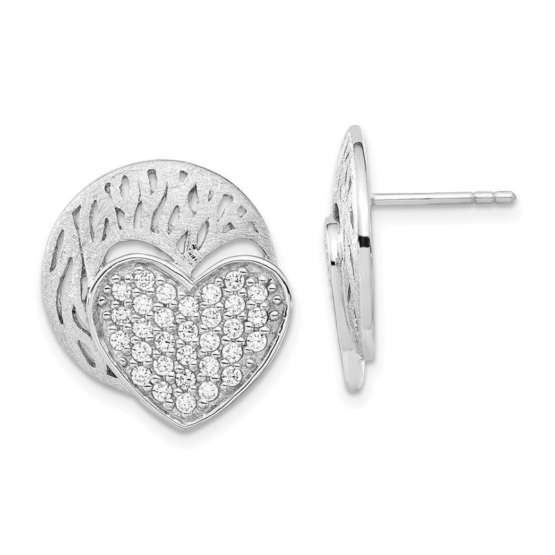 Sterlingsilber Poliert & Gebürstet Zirkonia Herz Kreis Ohrstecker
