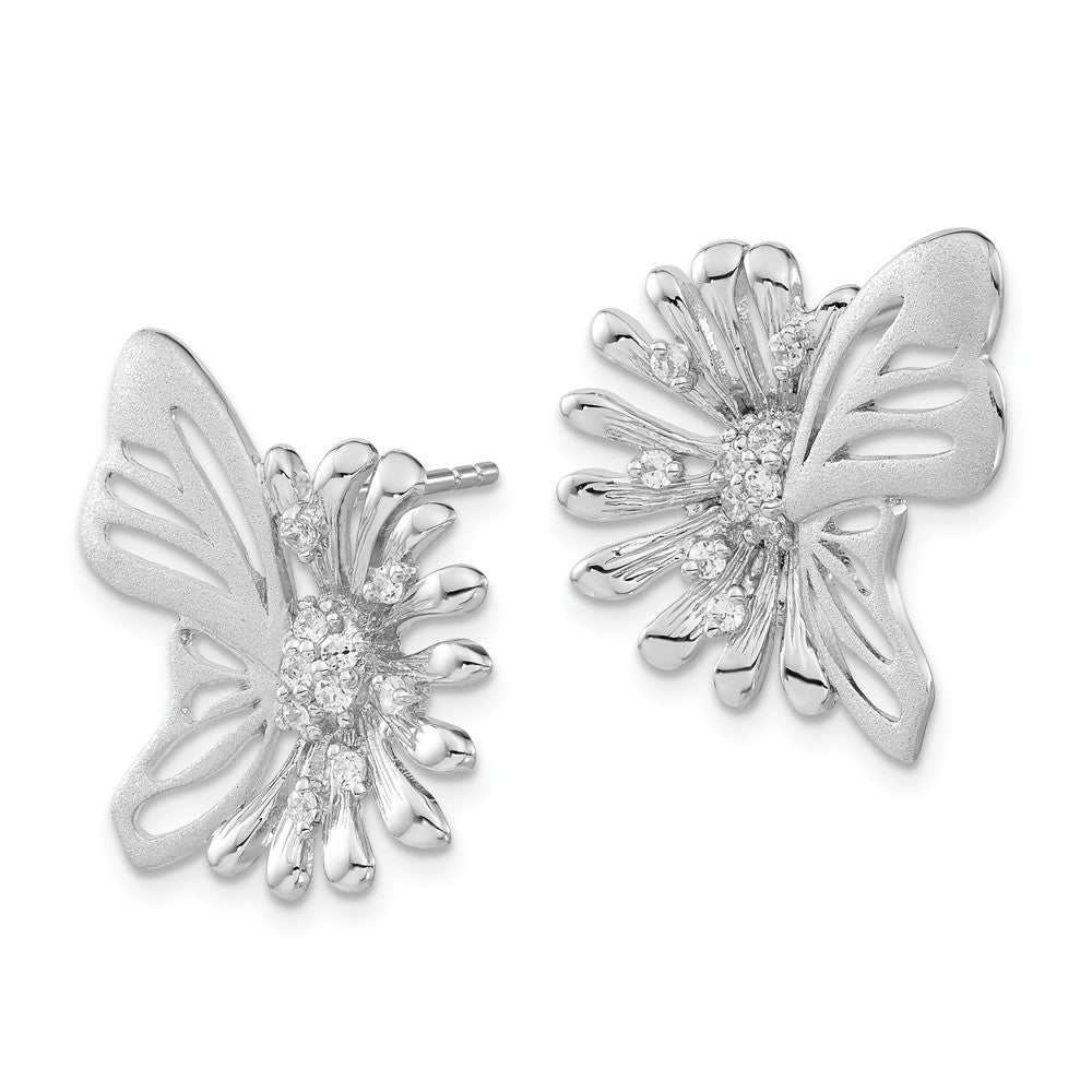 Sterlingsilber Poliert & Satiniert Blume Schmetterling Zirkonia Ohrstecker