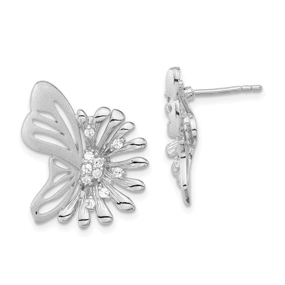 Sterlingsilber Poliert & Satiniert Blume Schmetterling Zirkonia Ohrstecker