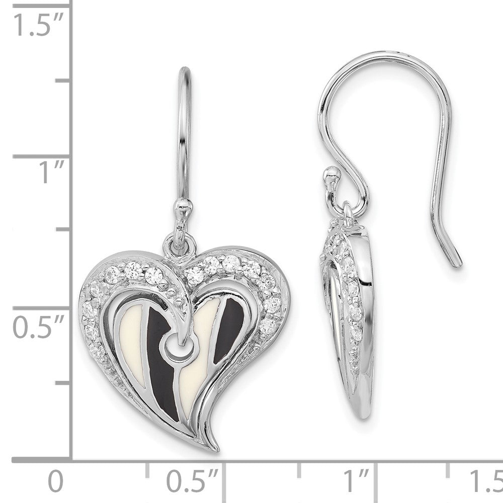 Sterlingsilber Poliert Schwarz & Weiß Emaille Zirkonia Herz Ohrhänger