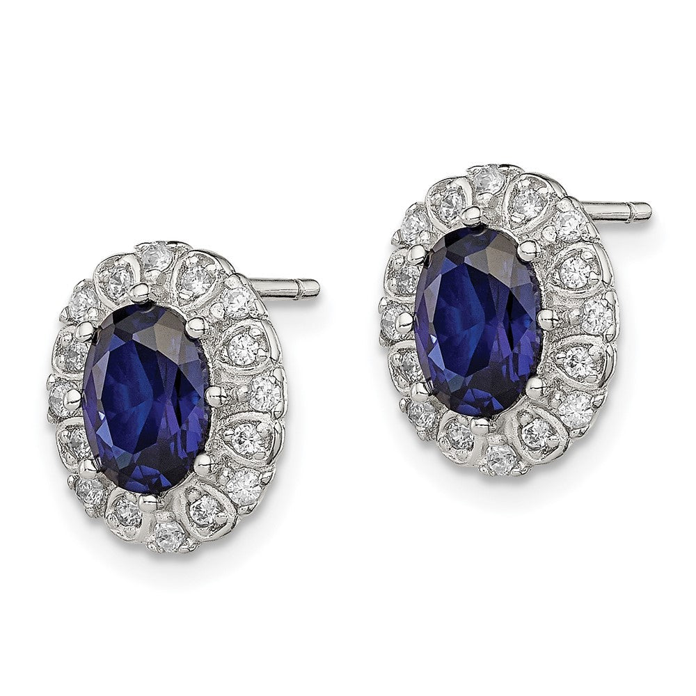 Sterlingsilber Rhodiniert Zirkonia und Erzeugt Saphir Oval Heiligenschein Stecker Ohrring