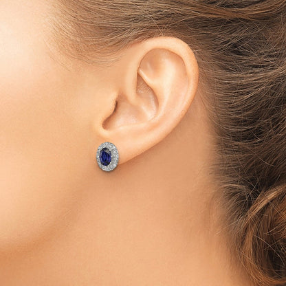 Sterlingsilber Rhodiniert Zirkonia und Erzeugt Saphir Oval Heiligenschein Stecker Ohrring