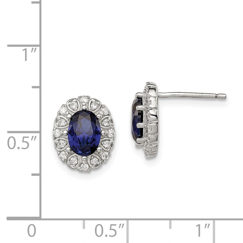 Sterlingsilber Rhodiniert Zirkonia und Erzeugt Saphir Oval Heiligenschein Stecker Ohrring