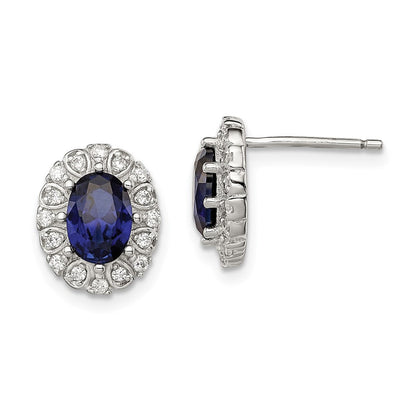 Sterlingsilber Rhodiniert Zirkonia und Erzeugt Saphir Oval Heiligenschein Stecker Ohrring