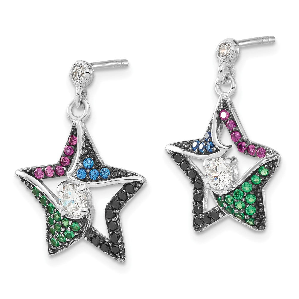 Sterlingsilber mit Schwarz Rhodium Synthetisch Spinell, Syn. Rubin & Zirkonia Stern Stecker Ohrhänger