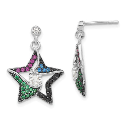 Sterlingsilber mit Schwarz Rhodium Synthetisch Spinell, Syn. Rubin & Zirkonia Stern Stecker Ohrhänger