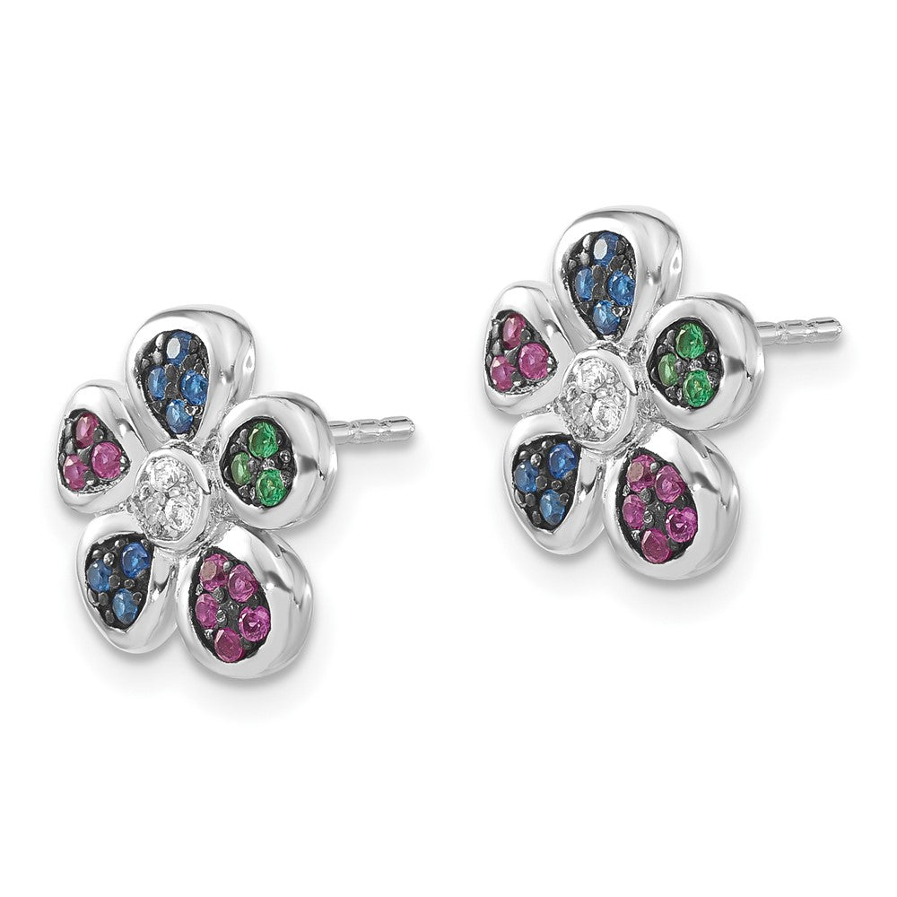 Sterlingsilber mit Schwarz Rhodium Synthetisch Rubin, Spinell & Zirkonia Blume Ohrstecker
