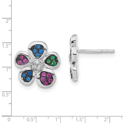 Sterlingsilber mit Schwarz Rhodium Synthetisch Rubin, Spinell & Zirkonia Blume Ohrstecker