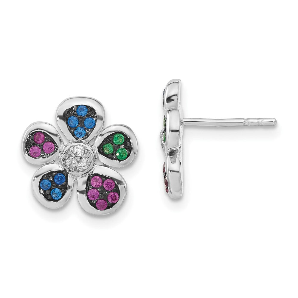 Sterlingsilber mit Schwarz Rhodium Synthetisch Rubin, Spinell & Zirkonia Blume Ohrstecker