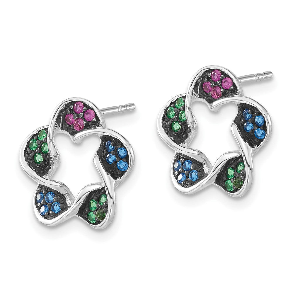 Sterlingsilber mit Schwarz Rhodium Poliert Synthetisch Steine Blume Ohrstecker