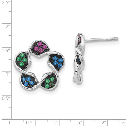 Sterlingsilber mit Schwarz Rhodium Poliert Synthetisch Steine Blume Ohrstecker