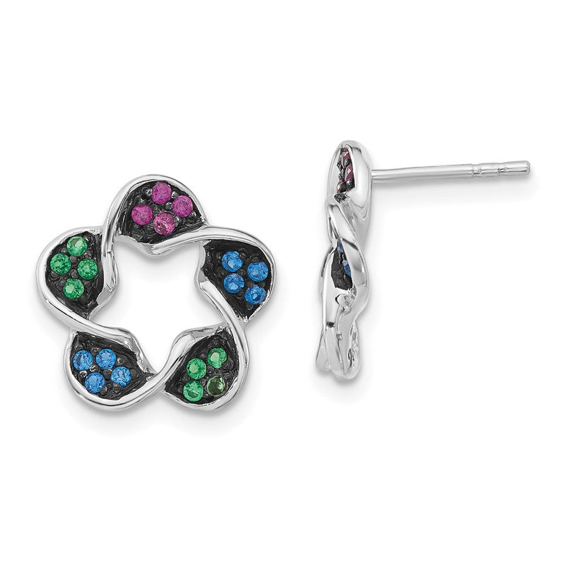 Sterlingsilber mit Schwarz Rhodium Poliert Synthetisch Steine Blume Ohrstecker