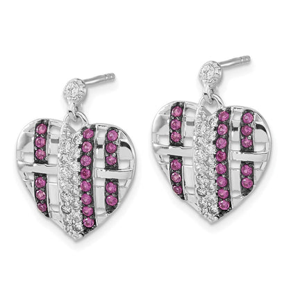 Sterlingsilber mit Schwarz Rhodium Synthetisch Rubin & Zirkonia Herz Stecker Ohrhänger