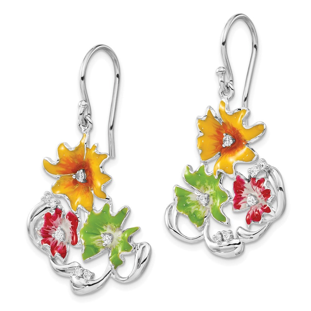 Sterlingsilber Rot, Grün & Gelb Emaille Zirkonia Blumen Ohrhänger