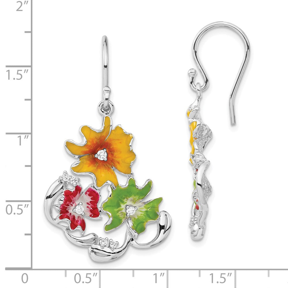 Sterlingsilber Rot, Grün & Gelb Emaille Zirkonia Blumen Ohrhänger