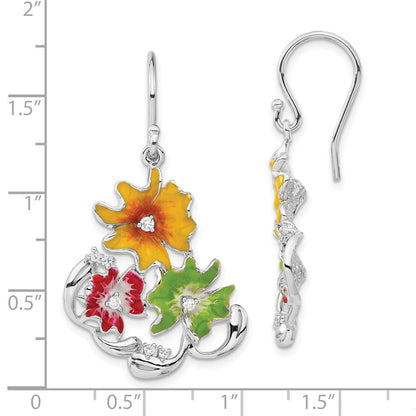 Sterlingsilber Rot, Grün & Gelb Emaille Zirkonia Blumen Ohrhänger