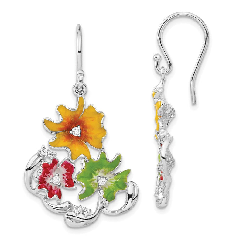 Sterlingsilber Rot, Grün & Gelb Emaille Zirkonia Blumen Ohrhänger