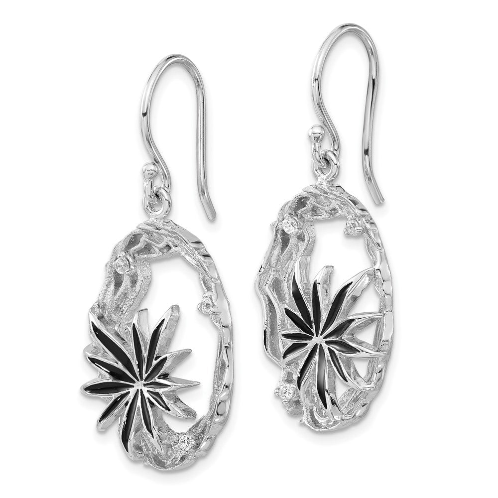 Sterlingsilber Poliert & Strukturiert Schwarz Emaille Zirkonia Blume Ohrhänger
