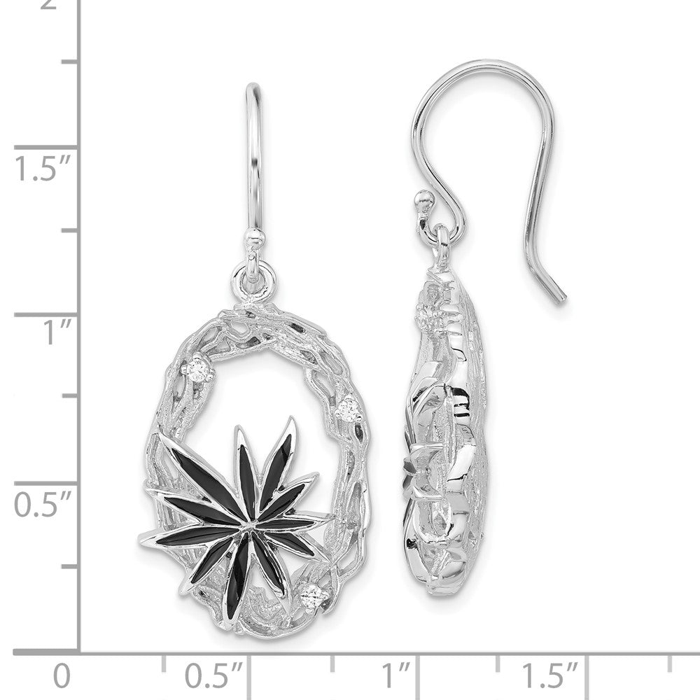Sterlingsilber Poliert & Strukturiert Schwarz Emaille Zirkonia Blume Ohrhänger