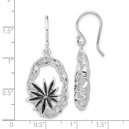 Sterlingsilber Poliert & Strukturiert Schwarz Emaille Zirkonia Blume Ohrhänger
