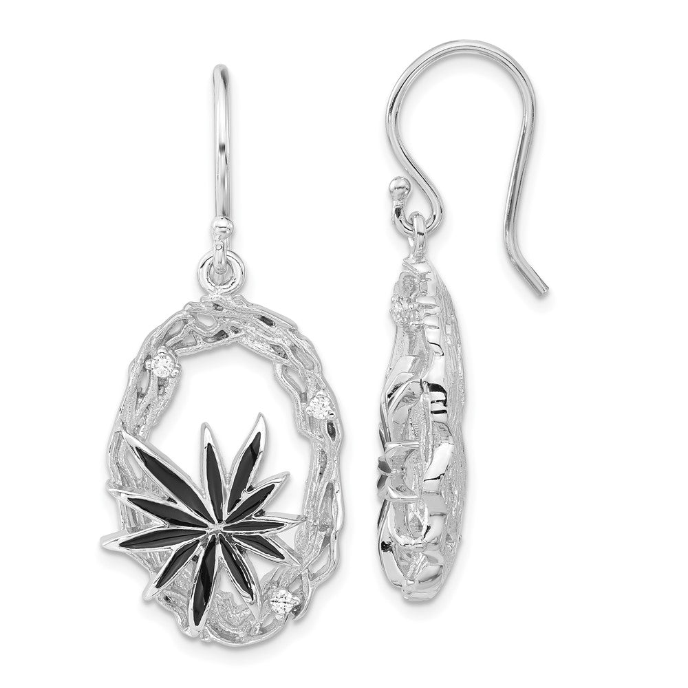 Sterlingsilber Poliert & Strukturiert Schwarz Emaille Zirkonia Blume Ohrhänger