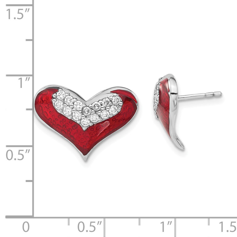 Sterlingsilber Poliert Rot Emaille Zirkonia Herz Ohrstecker