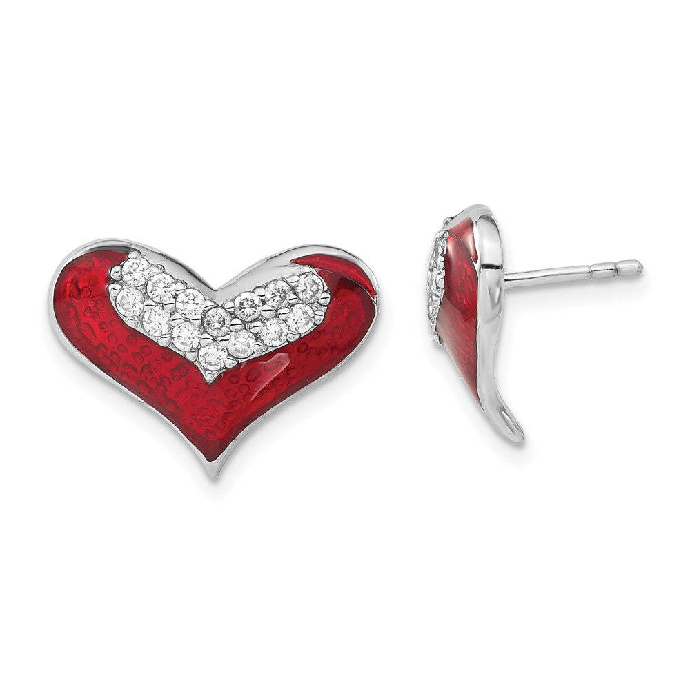 Sterlingsilber Poliert Rot Emaille Zirkonia Herz Ohrstecker