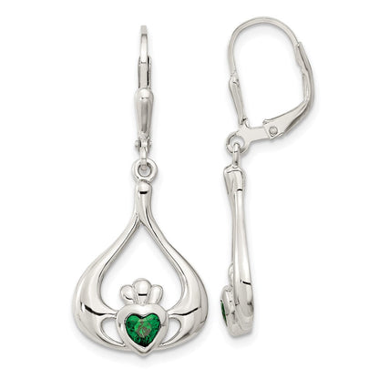Sterlingsilber Rhodiniert Grn Zirkonia Herz Brisur Claddagh Ohrhänger