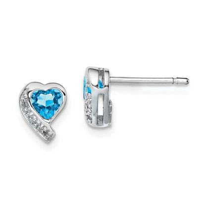 Sterlingsilber Rhodiniert Blautopas und Diamant Herz Ohrringe