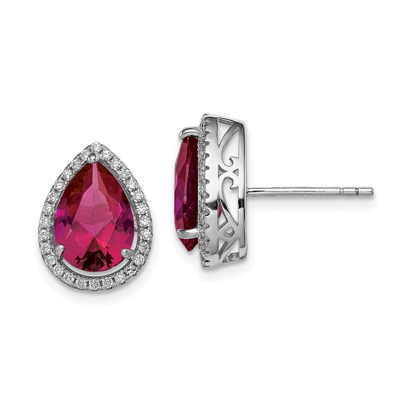 Sterlingsilber Rhodium Poliert Klar Zirkonia und Im Labor Erzeugt Rubin Tropfen Ohrstecker