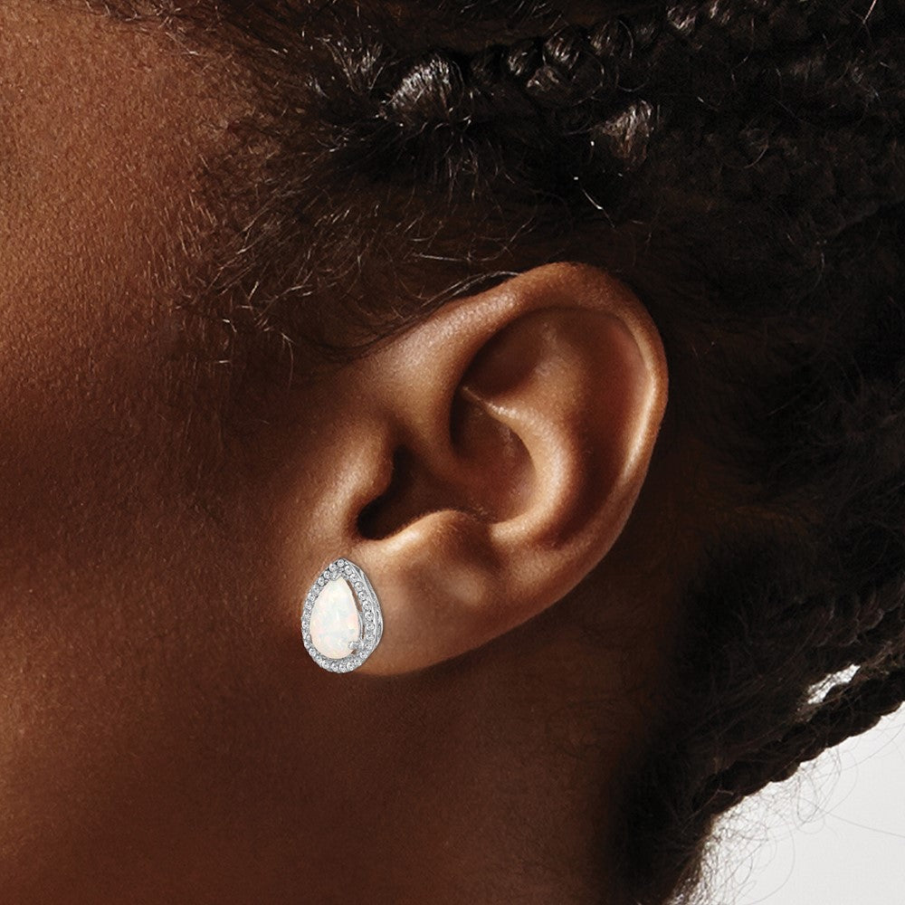 Sterlingsilber Rhodium Poliert Synthetisch Opal & Zirkonia Ohrstecker
