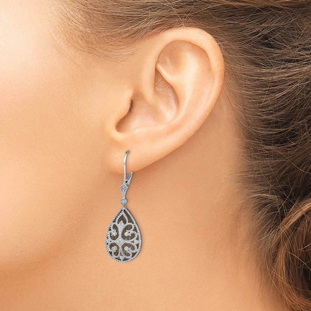 Sterlingsilber Rhodium Diamant Filigran Tropfen Ohrhänger mit Brisur