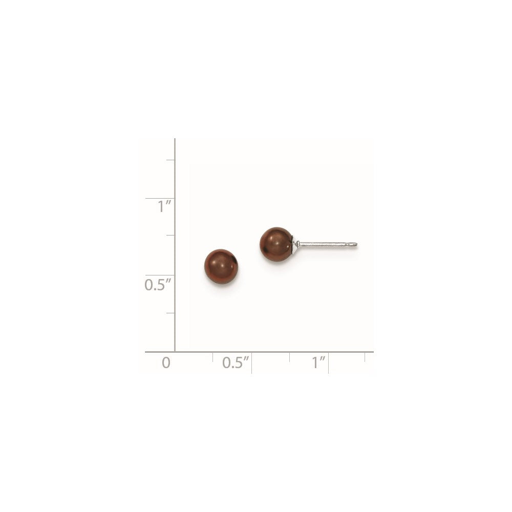 Sterlingsilber Rhodiniert 5-6mm Coffee Rund Süßwasser Zuchtperle Stecker Ohrstecker