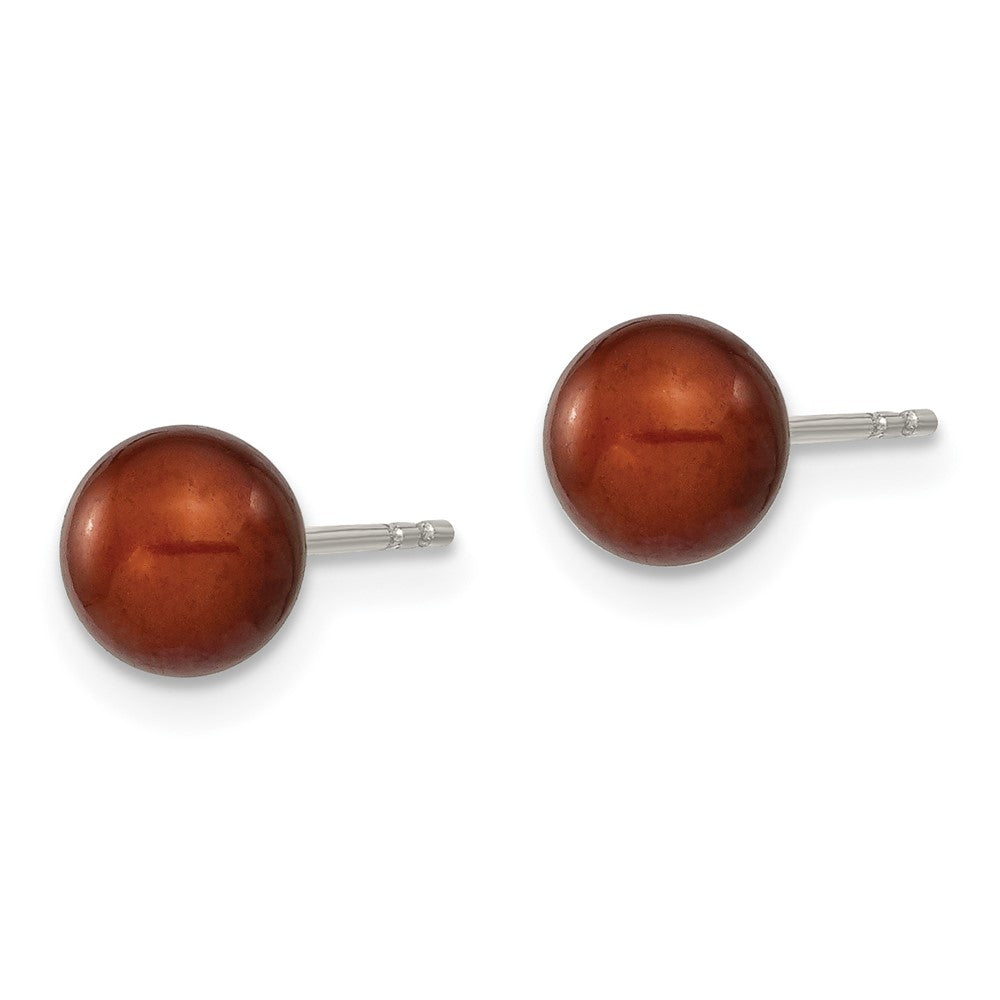 Sterlingsilber Rhodiniert 6-7mm Coffee Rund Süßwasser Zuchtperle Stecker Ohrstecker