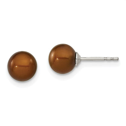 Sterlingsilber Rhodiniert 6-7mm Coffee Rund Süßwasser Zuchtperle Stecker Ohrstecker