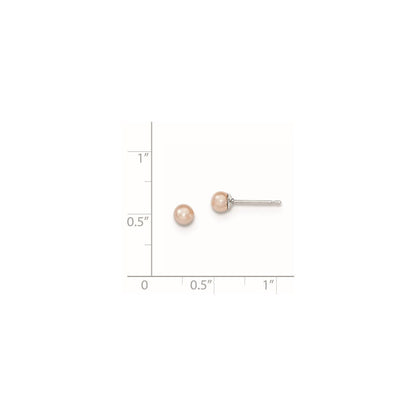 Sterlingsilber Rhodiniert 3-4mm Rosa Rund Süßwasser Zuchtperle Stecker Ohrstecker
