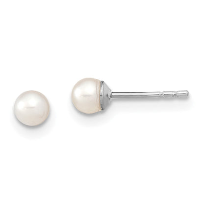 Sterlingsilber Rhodiniert 3-4mm Weiß Rund Süßwasser Zuchtperle Stecker Ohrstecker