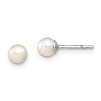 Sterlingsilber Rhodiniert 4-5mm Weiß Rund Süßwasser Zuchtperle Stecker Ohrstecker
