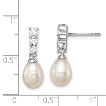 Sterlingsilber Rhodiniert Klar Zirkonia und 7-8mm Weiß Freashwater Zuchtperle Hängend Ohrstecker