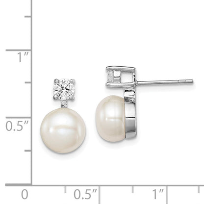 Sterlingsilber Rhodiniert 7-8mm Weiß Süßwasser Zuchtperle und Klar Zirkonia Ohrstecker