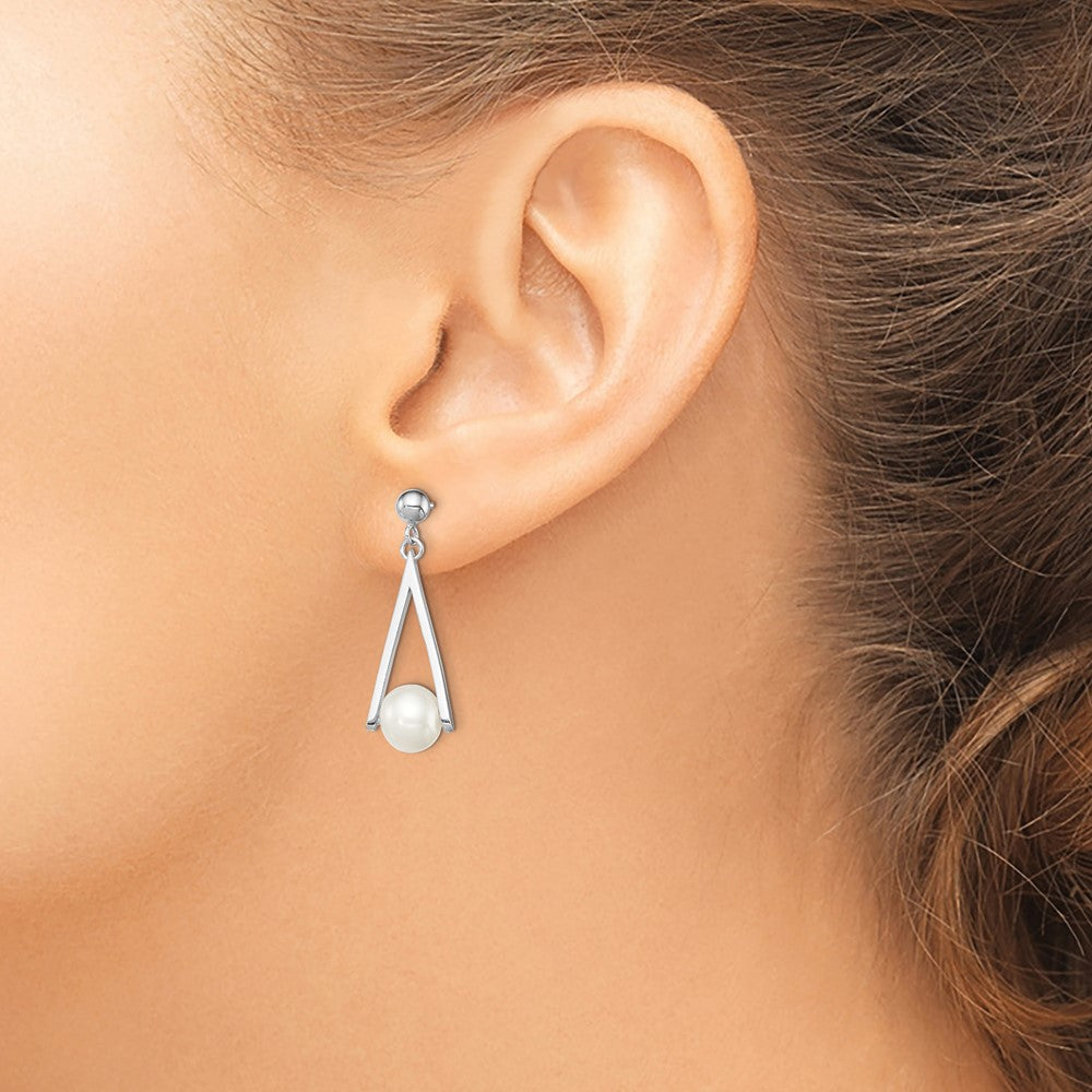 Sterlingsilber Rhodiniert 8-9mm Weiß Süßwasser Zuchtperle Hängend Geometric Ohrstecker