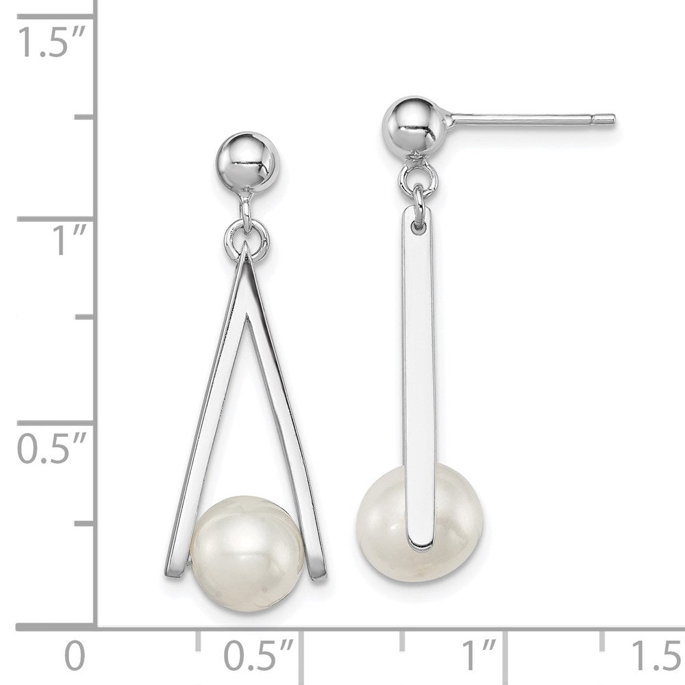 Sterlingsilber Rhodiniert 8-9mm Weiß Süßwasser Zuchtperle Hängend Geometric Ohrstecker
