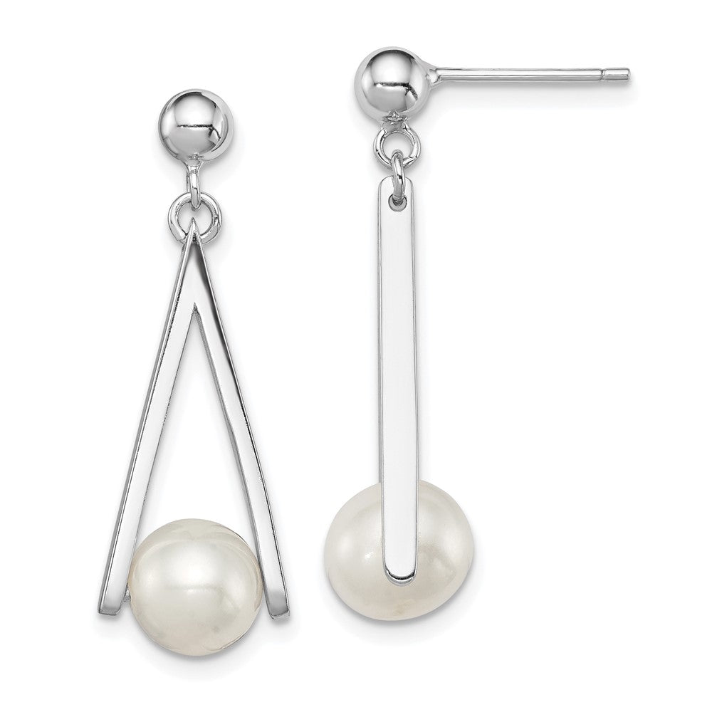 Sterlingsilber Rhodiniert 8-9mm Weiß Süßwasser Zuchtperle Hängend Geometric Ohrstecker